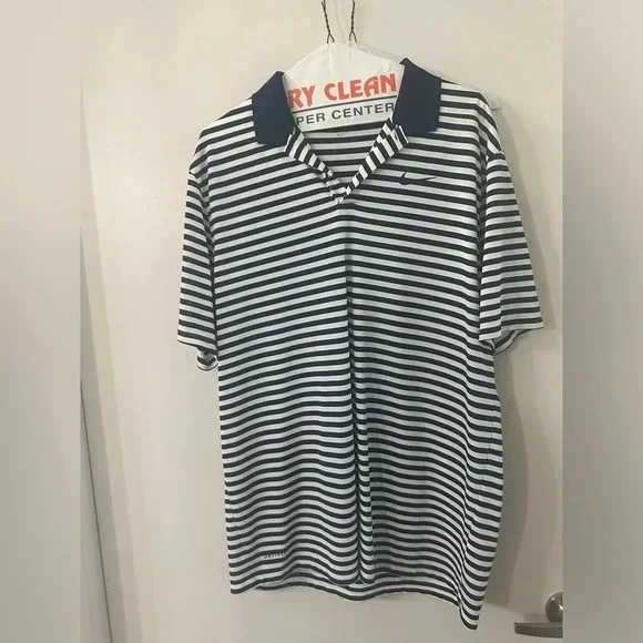 Men Large Nike Dri-Fit Golf Polo Blue/White Stripped (100% POLY) - Picture 1 of 6